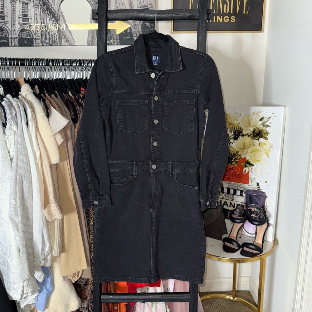 GAP Denim Mini Dress with Washwell Black Button Front Long Sleeve Womens 0 New